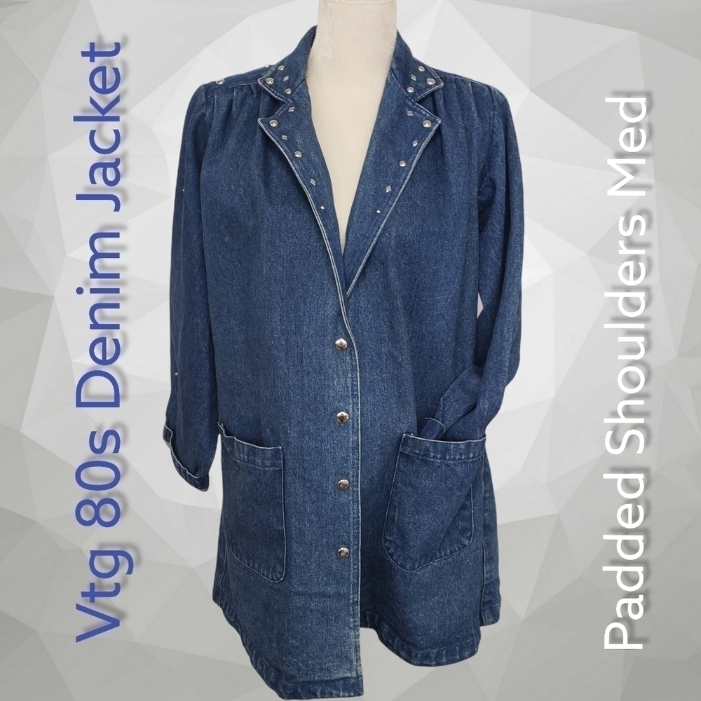 VINTAGE 80s Studded Denim Duster Jacket M Padded Shoulders Oversized EUC